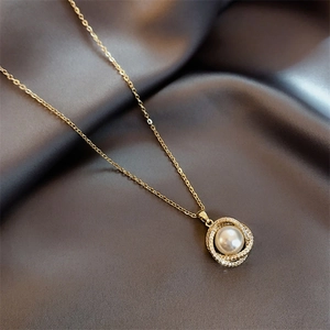 Elegant Artificial Pearl Pendant Necklace For Women Titanium Steel Chain Copper Micro Pave Zircon Circular Jewelry