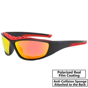 Polarized sports sunglasses with black red frame and protective sponge padding for cycling
