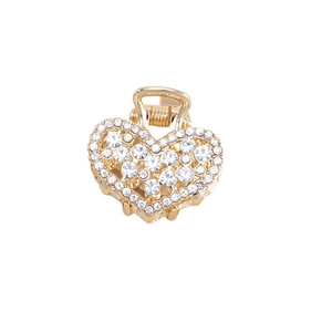 Mini gold heart hair claw clip with sparkling rhinestones for women on white background