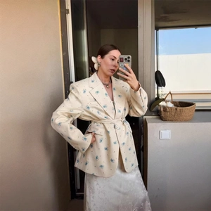 Women Floral Print Blazer Jacket Lapel Long Sleeve Belted Tie Waist Casual Elegant Outerwear