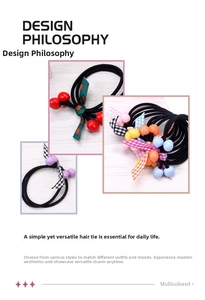 Detail view of elastic hair ties with cherry patterns, polka dots, and colorful bows