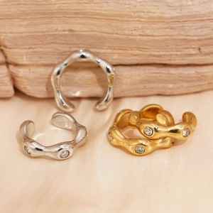 Irregular Wave 316 Stainless Steel Ear Cuffs With Zirconia PVD Gold Plated Non Piercing Jewelry Women