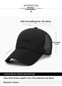 Detailed view of black baseball cap with mesh design and adjustable size specifications