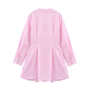 Pink and white vertical striped long sleeve mini shirt dress with a slim fit back design