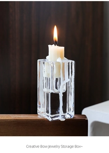 Macro detail of a lighted candle inside a clear glass square pillar candlestick holder