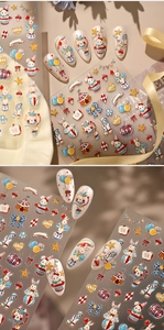Close-up of circus rabbit nail art stickers with vintage circus tents and balloons