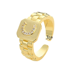 Adjustable gold plated signet ring with rhinestone initial letter and watch band strap texture