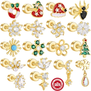 S925 Sterling Silver Stud Earrings With Zirconia Enamel Christmas Snowflake Star Moon Cartilage Piercing Flat Back