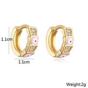 Detailed view of 1.1cm gold-plated evil eye hoop earrings with pink and white zircon stones