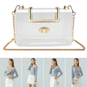 Clear crossbody bag with gold chain strap and top handle for women's versatile use