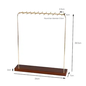 Solid wood and gold iron jewelry stand with 12 hooks for necklaces and bracelets