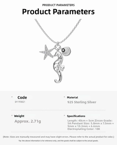 Detail of S925 silver ocean necklace with seahorse, starfish and shell zircon pendants