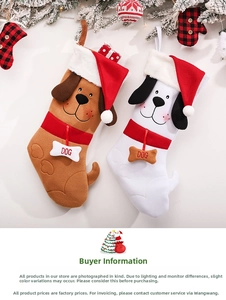 Detailed view of plush dog-themed Christmas stockings with bone charms and fur trim