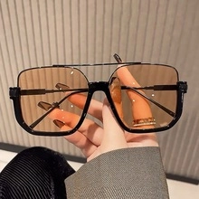 Detail of square oversized sports sunglasses with tea lenses and double bridge frame