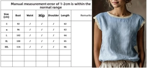 Size chart detail for vintage sleeveless linen top with lace trim and measurement guide