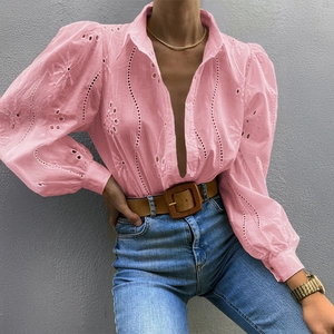 Pink hollow embroidered V-neck cardigan shirt with lantern sleeves in cotton linen blend