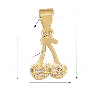 Detailed view of gold cherry pendant with micro-inlaid crystals and size measurements