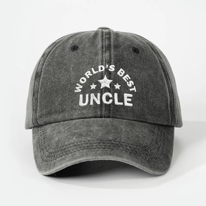 Vintage dark gray washed denim baseball cap featuring World's Best Uncle embroidery