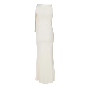 Detail of elegant shoulder drapes on a white sleeveless maxi dress from the back view