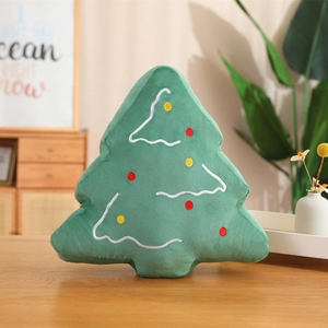 Cute green plush Christmas tree pillow with colorful embroidery for holiday home decor