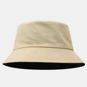 Minimalist quick-dry bucket hat in beige with black lining and reinforced stitched brim