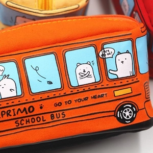 Creative orange school bus canvas pencil case with cute animal cartoon prints