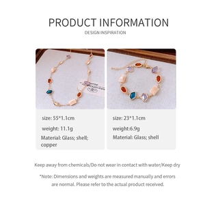Macro shot of vintage style glass shell squares on adjustable gold necklace and bracelet set