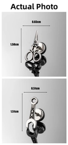Detailed size view of vintage stainless steel scissors and wrench shape stud earrings
