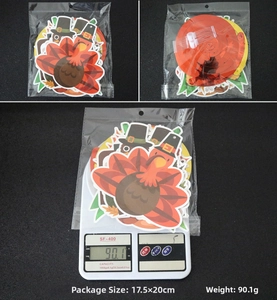 Detail view of 14pc Thanksgiving turkey swirl decorations set with weight and size info