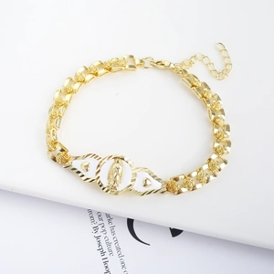 Detail of 18K gold-plated rose chain bracelet with Virgin Mary Guadalupe enamel charm