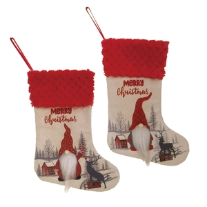 Set of two beige burlap Christmas stockings with red gnome and reindeer patterns