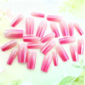 Pink gradient long trapezoid press-on nails with glossy electroplated finish on floral base