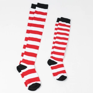Detail view of red, white, and black striped over-knee and calf socks for kids