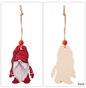 Front and back detail of a painted wooden Christmas gnome pendant with hemp rope