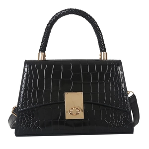 Classic black crocodile pattern handbag with braided handle and gold clasp closure