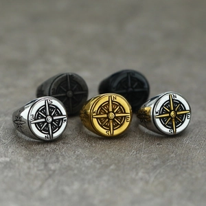 Retro stainless steel compass rings for men in gold, silver and black finishes