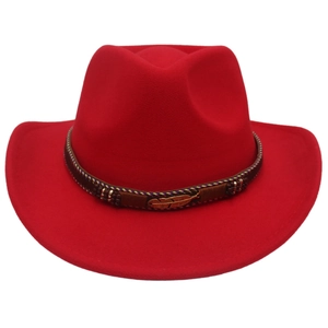 Classic red wool felt western cowboy hat with a brown woven band and gold feather accent