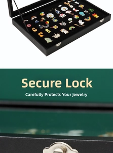 Detail of a black badge storage box featuring a secure silver metal lock and velvet interior