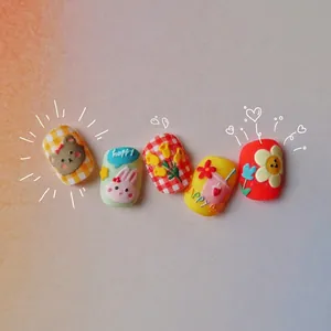 Cute 3D embossed nail stickers featuring colorful bears, rabbits and summer floral patterns