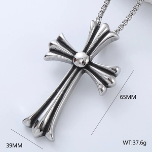 Detailed size view of silver 304 stainless steel cross pendant with 65mm height measurements
