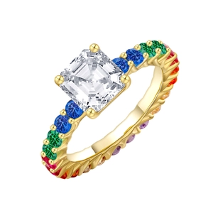 Golden ring featuring a square Asscher cut diamond and rainbow multi-colored accent stones