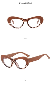 Detailed views of khaki demi cat-eye glasses frame with bold side temples and clear view