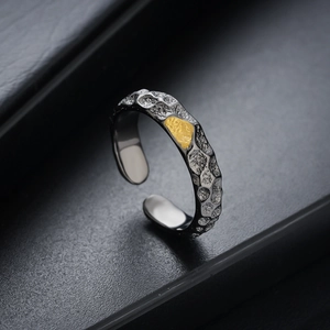 Vintage adjustable silver ring with hammered texture and unique golden accent for men