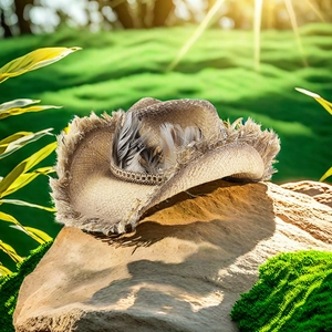 Detailed macro view of western raffia cowboy hat with feathers on natural stone background