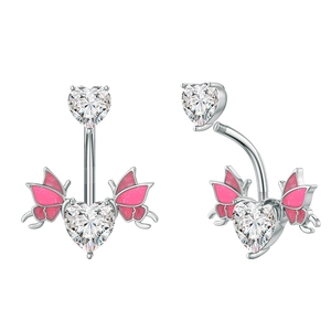 Detailed view of silver belly ring featuring pink butterfly wings and a heart-shaped zircon