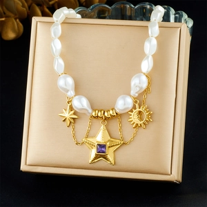 Artificial Baroque Pearl Necklace Stainless Steel Gold Plated Star Sun Pendant Purple Gemstone Choker Street Style For Women