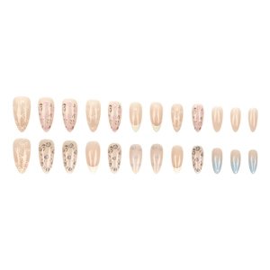 24pcs almond press-on nails set with floral patterns and bow designs in nude and blue