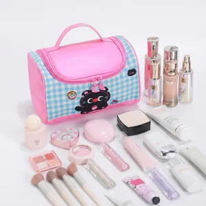 Trousse à maquillage rose à carreaux avec motif chat et grande capacité de rangement