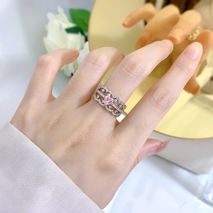 Rose gold heart-shaped pink diamond ring featuring multilayer hollow wavy band for women