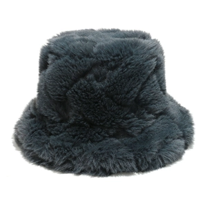 Detailed close-up of the thick dark gray faux fur texture on the plush winter bucket hat